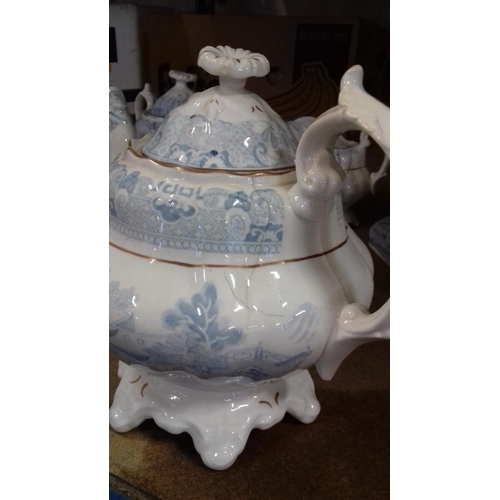 132 - 19th century blue and white (faded) tea service with bowl and plate, 4 items with repaired damage or... 