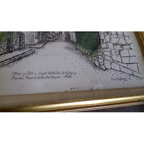 545 - 55 x 45 cm gilt framed amateur art painting of meadow place and bethesda chapel Mold, signed MYRA LI... 