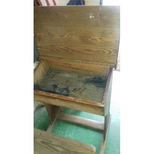 637 - Turn of the century fixed oak school desk and chair