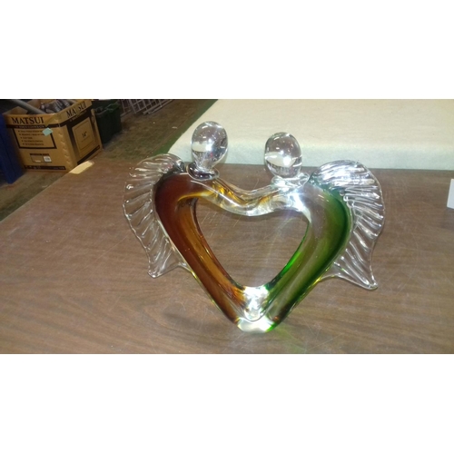 44 - Large coloured art glass angels in shape of heart figure approx 26 cm tall and 28 cm wide