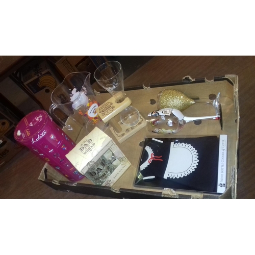 323 - Box of assorted novelty glasses and plastic jug etc