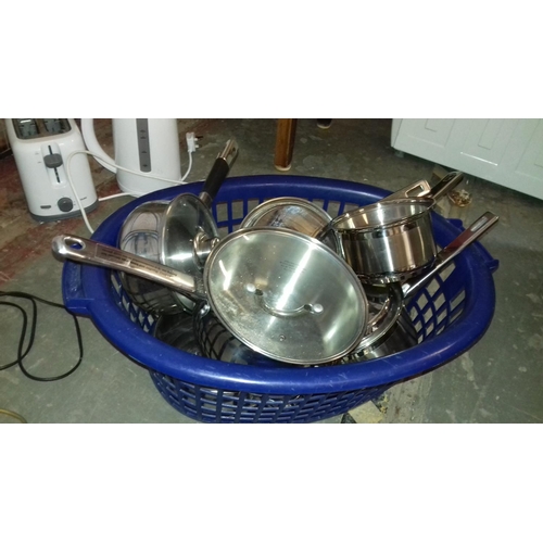 196 - Basket of assorted stainless steel pans being John Lewis and M&S etc