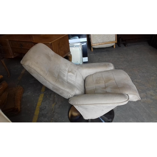 599 - Modern beige suede pedestal recliner chair