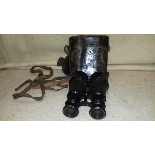 170 - Pair of military stamped 1913 Lemaire Fab Paris binoculars in distressed leather case