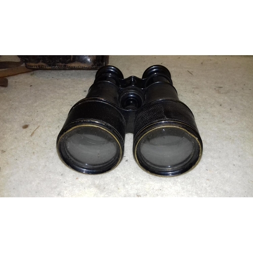 170 - Pair of military stamped 1913 Lemaire Fab Paris binoculars in distressed leather case