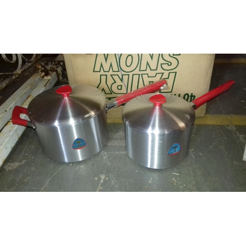 187 - Pair of graduated Crown Merton saucepans with lids, never been used