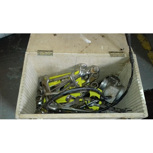 110 - Wooden box of assorted tools and coloured hanging lamp