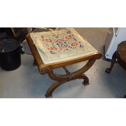 443 - 1800's x leg 56 x 49 cm stool with distressed tapestry fabric top