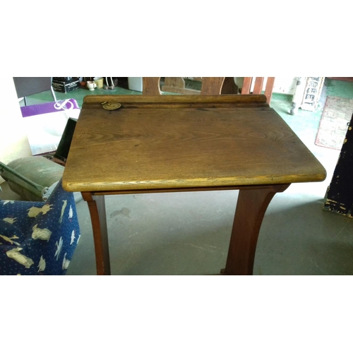 632 - The Bennett Furnishing co early 1900's wooden school desk with brass inkwell