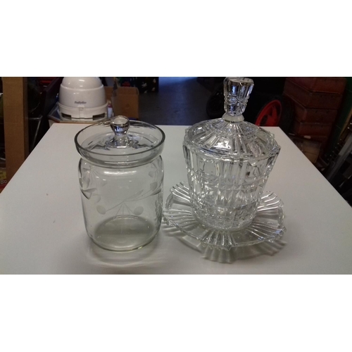 82 - 15 cm tall cut glass preserve pot with saucer & 10 cm tall etched glass preserve pot with lid