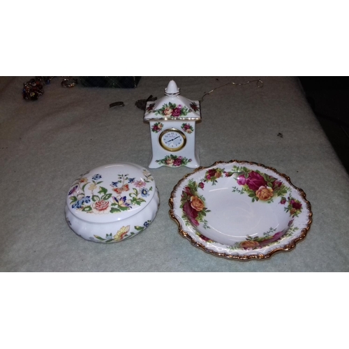 88 - Royal Albert old country roses miniature mantle clock, pin dish and other Aynsley lidded trinket pot