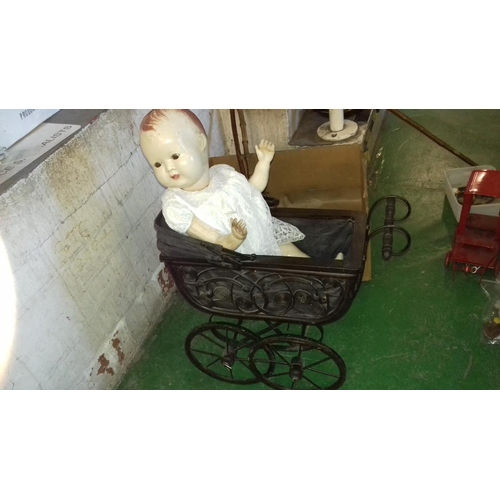 30 - Vintage Victorian look dolls pram with Vintage Sarold doll