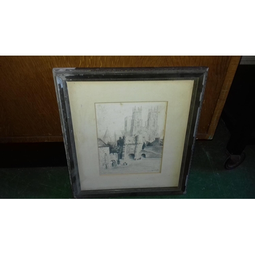 531 - 33 x 38 cm framed grey tone watercolour painting titled 'Bootham Bar York' by L.P. ASBURY