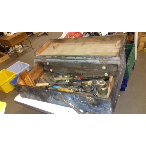 139 - Large wooden carpenters tool box and contents