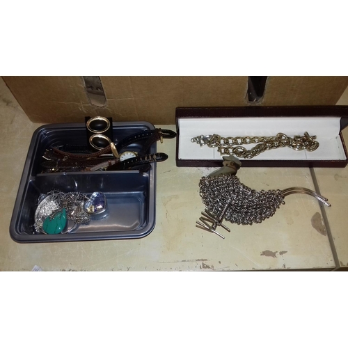 133 - Box of assorted miscellaneous inc' heavy gold colour chain, fashion jewellery, coffee grinder etc