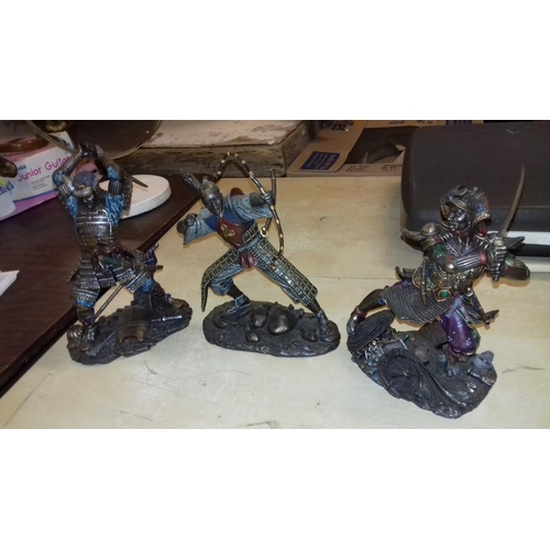 61 - 3 x approx 23 cm tall composite samurai warrior figures, repaired damage to swords