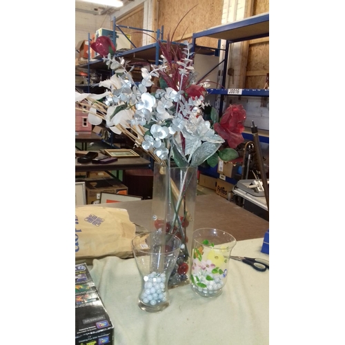 54 - 39 cm tall glass vase with red and silver artificial flowers + 2 x other glass vases