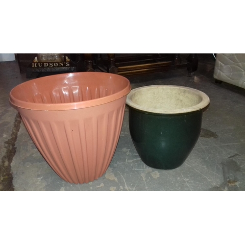 2 - 30 cm tall plastic planter and 23 cm tall ceramic planter