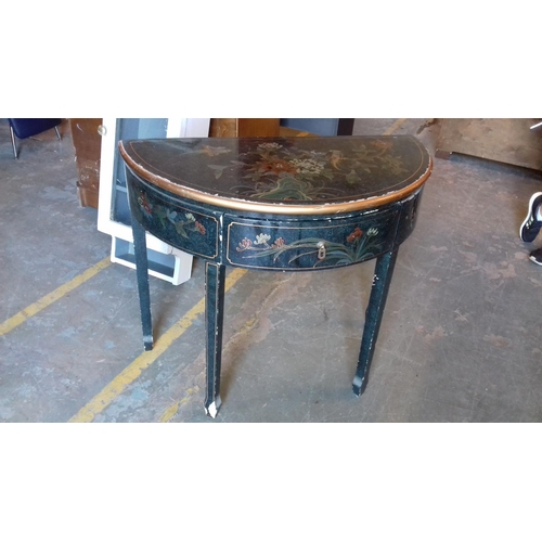 434 - 92 x 46 cm ornate half moon (demi lune) lacquered effect hall table with central drawer