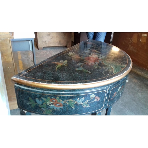 434 - 92 x 46 cm ornate half moon (demi lune) lacquered effect hall table with central drawer