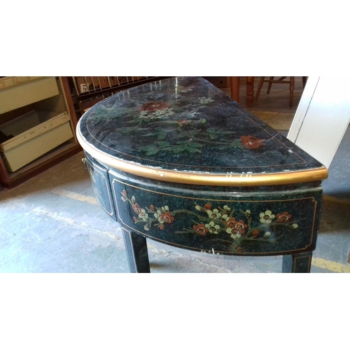 434 - 92 x 46 cm ornate half moon (demi lune) lacquered effect hall table with central drawer