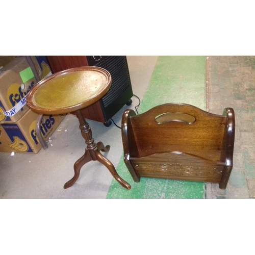 437 - Wooden magazine rack and Mahogany leather top wine table