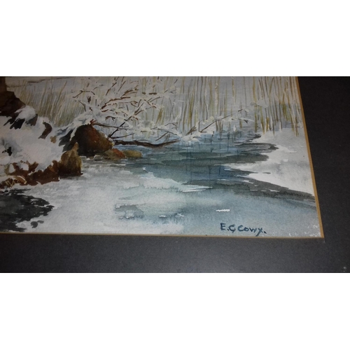 531 - 52 x 43 cm framed and mounted winter landscape painting signed E.G.COWY