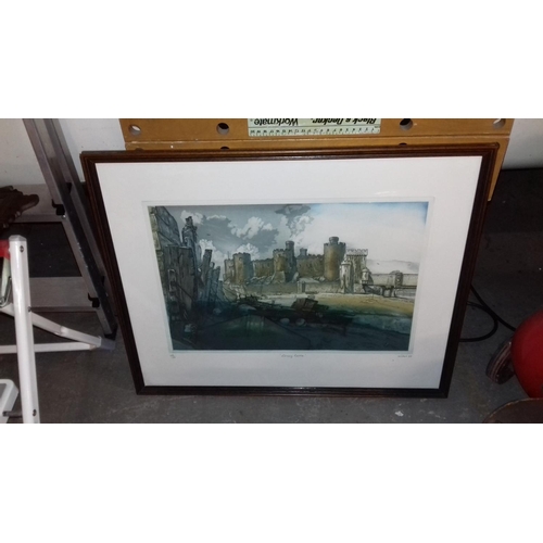 532 - 67 x 54 cm framed and mounted limited edition picture titled Conway castle signed miles 87