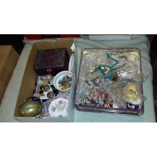 371 - Box and tin of assorted fashion and costume jewellery