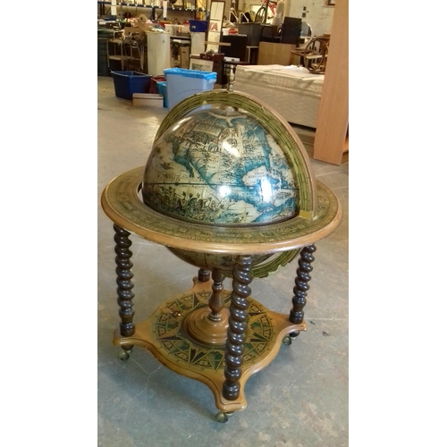 484 - Portable reproduction drinks globe with some crystal glasses approx 100 cm tall