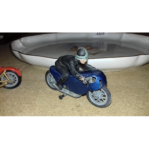 104 - 2 x vintage toy motorbikes with riders, 1 being Budgie