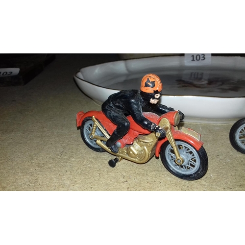 104 - 2 x vintage toy motorbikes with riders, 1 being Budgie