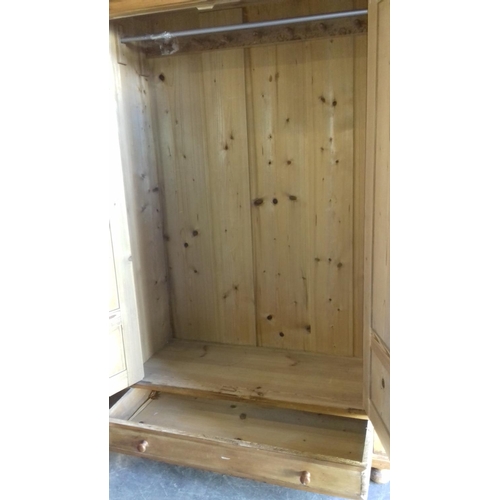 475 - 122 x 53 x 201 cm tall old waxed pine double wardrobe with under drawer