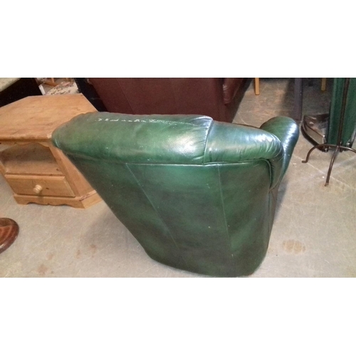 480 - Racing green leather and wooden arm chair