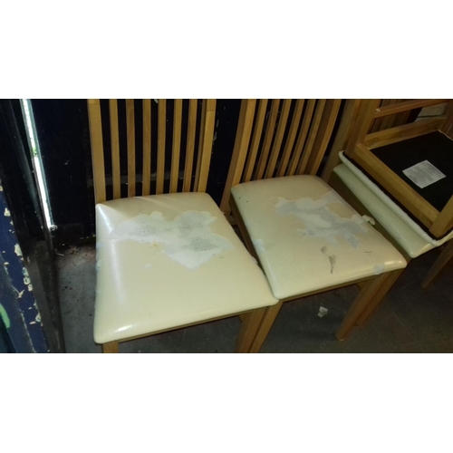 454 - 5 x light wood high back dining chairs in need of recovering