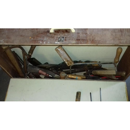 108 - Wooden carpenters tool box and contents