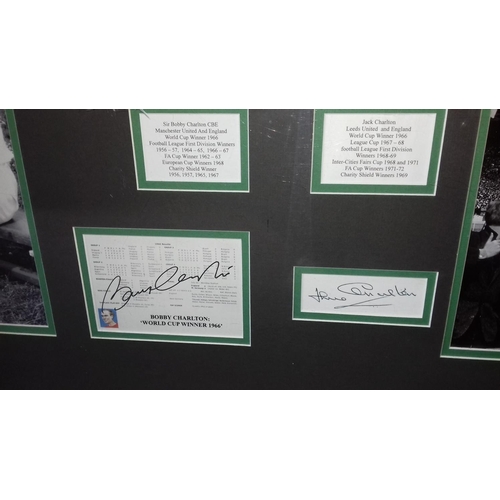 547 - 106 x 76 cm framed tribute to Bobby and Jackie Charlton inc' autographs