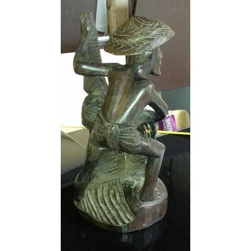 29 - 33 cm tall carved wooden Chinese fisherman sculpture