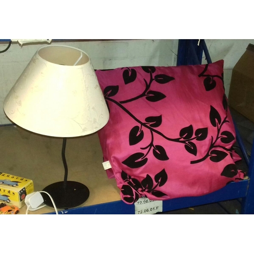 477 - 3 x large scatter cushions and metal bedside lamp