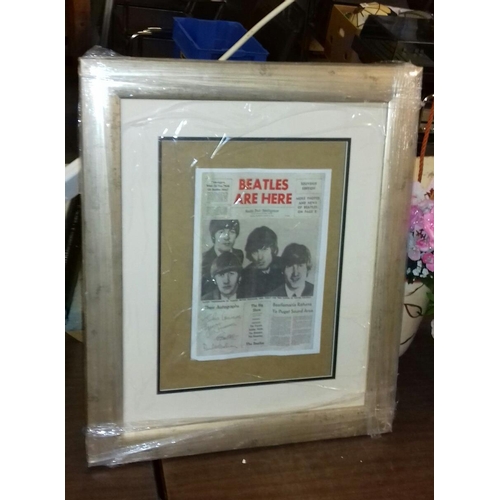 13 - 60 x 50 cm antique gold look thick framed print of The Beatles first newspaper headline