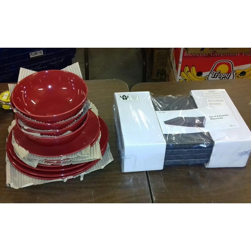 47 - New and sealed granite 4 piece place mat set and as new maroon 4 place setting 12 piece dinner set