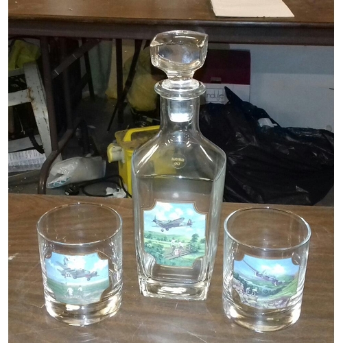 42 - Whiskey decanter and 2 glasses with spitfire transfer detailing