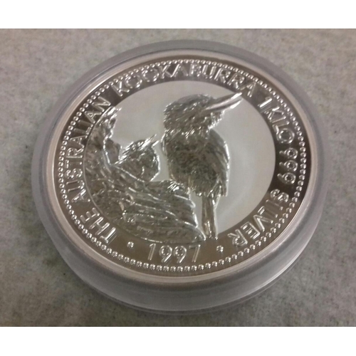 634 - The Perth Mint 1997 The Australian Kookaburra 1kg 999 silver $30 coin in perspex case and boxed