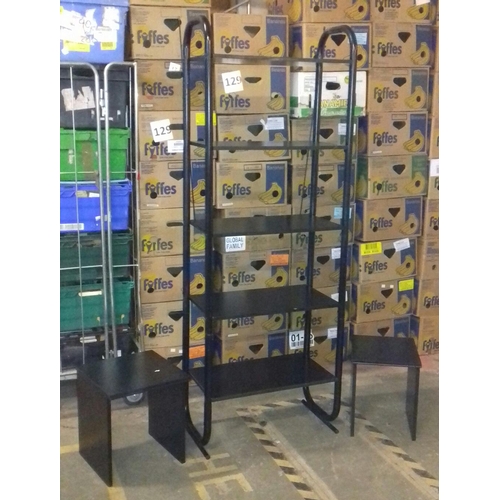 440 - 65 x 36 x 182 cm tall metal tubular framed, black wood look, shelving stand and graduated pair of ma... 