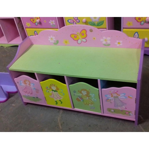 476 - Multi coloured girls bedroom suite and extras being graduated 3/4/5 drawer chests, stepping 6 hole s... 