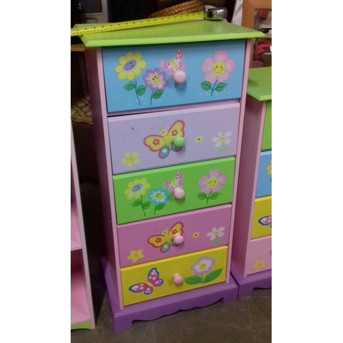 476 - Multi coloured girls bedroom suite and extras being graduated 3/4/5 drawer chests, stepping 6 hole s... 