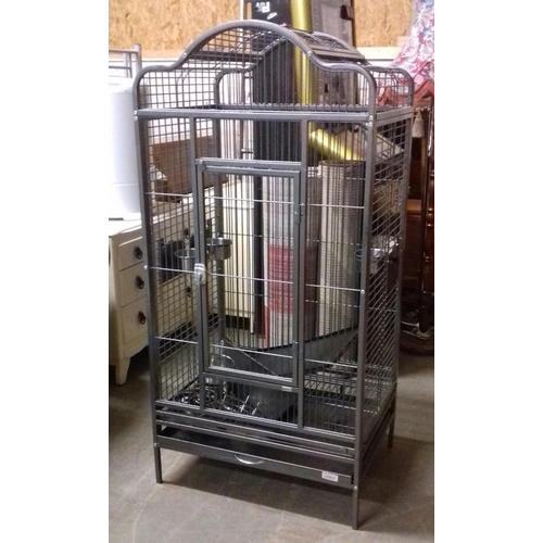 456 - As new 72 x 55 x 148 cm tall gunmetal grey parrot cage with accessories