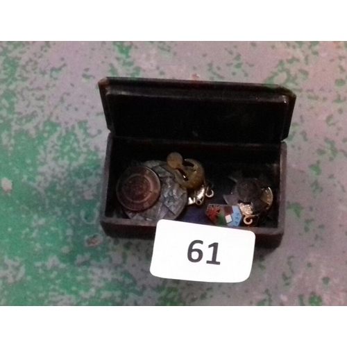 61 - Small vintage box with assorted pin badges and medals etc.