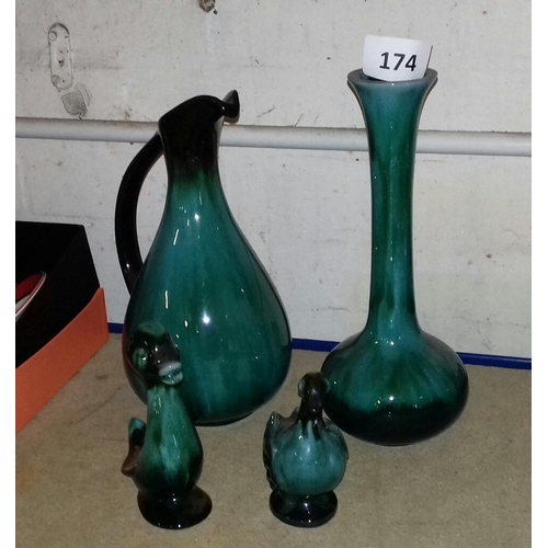 174 - Large Canadian pottery jug, tall posy vase and 2 x duck ornaments