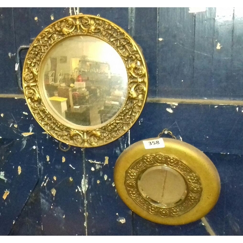 358 - 2 x vintage round gilt framed wall mirrors largest being 36 cm diameter